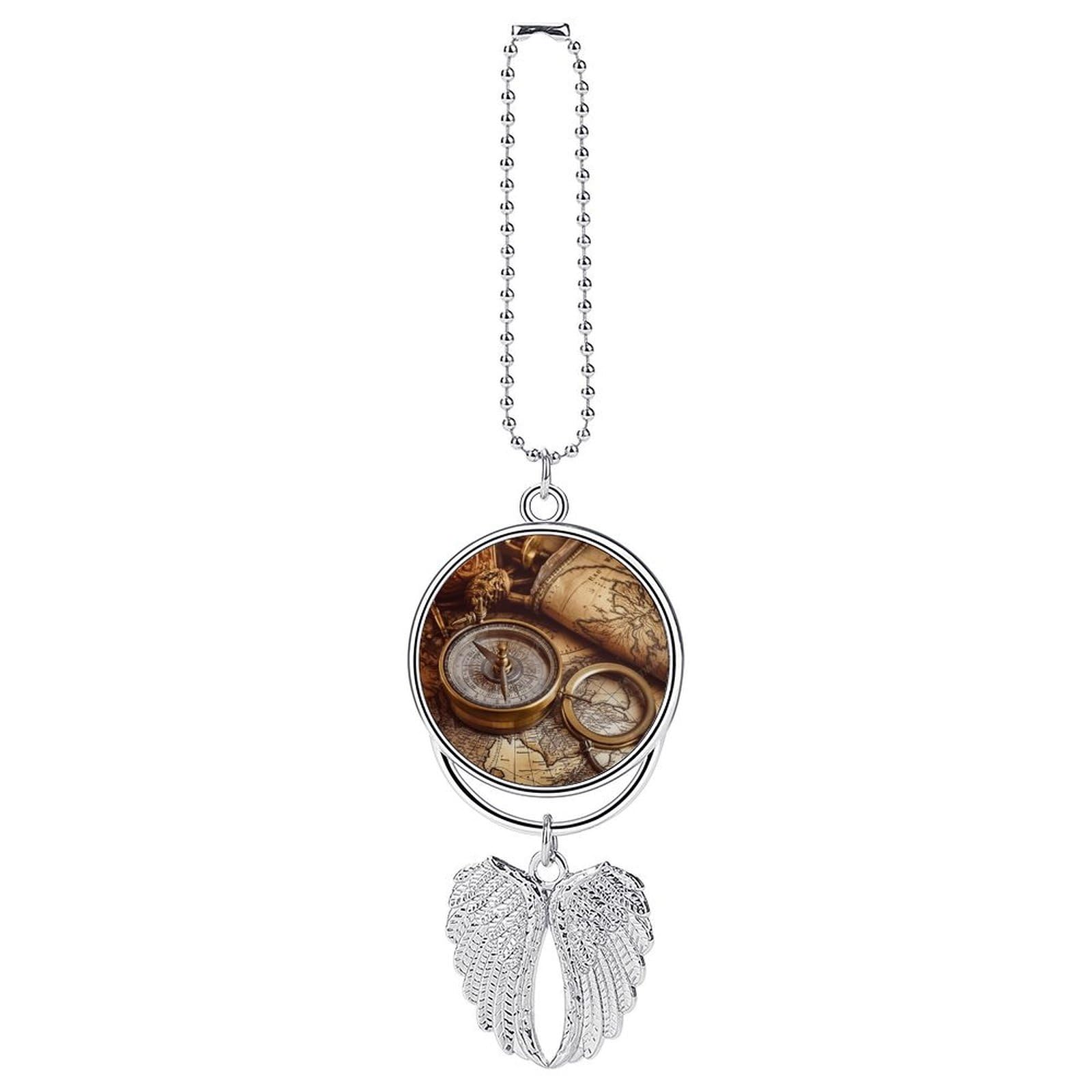 Compass and Old World Map Car Pendant Personalized Car Hanging Ornament Auto Rear View Mirror Hanging Decoration Accessories Metal Cars Interior Ornament for Most Cars Truck SUV