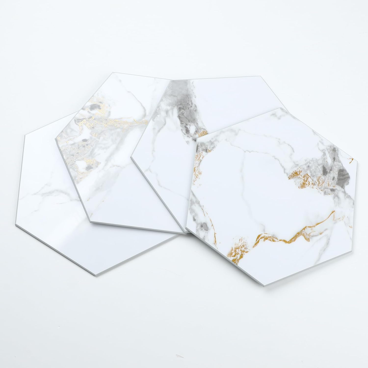 16-Piece Hexagon Peel and Stick Backsplash, 9"x7.87" Self Adhesive Glossy Faux Marble Wall Tile Kitchen Backsplash (White Marble with Gold, 5.94 SQ.FT)