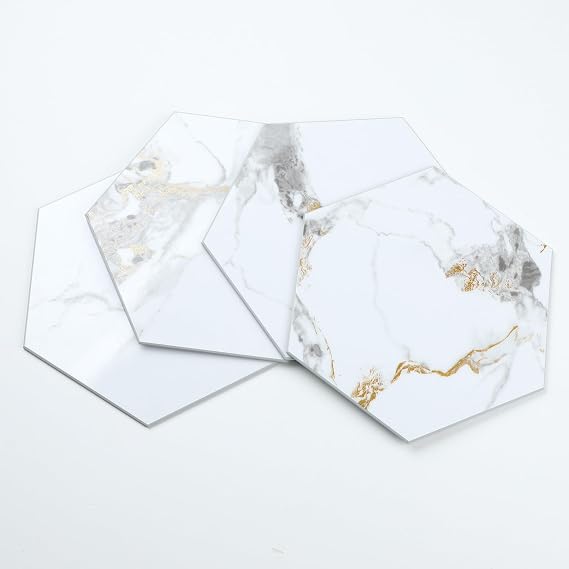 16-Piece Hexagon Peel and Stick Backsplash, 9x7.87 Self Adhesive Glossy Faux Marble Wall Tile Kitchen Backsplash (White Marble with Gold, 5.94 SQ.FT)
