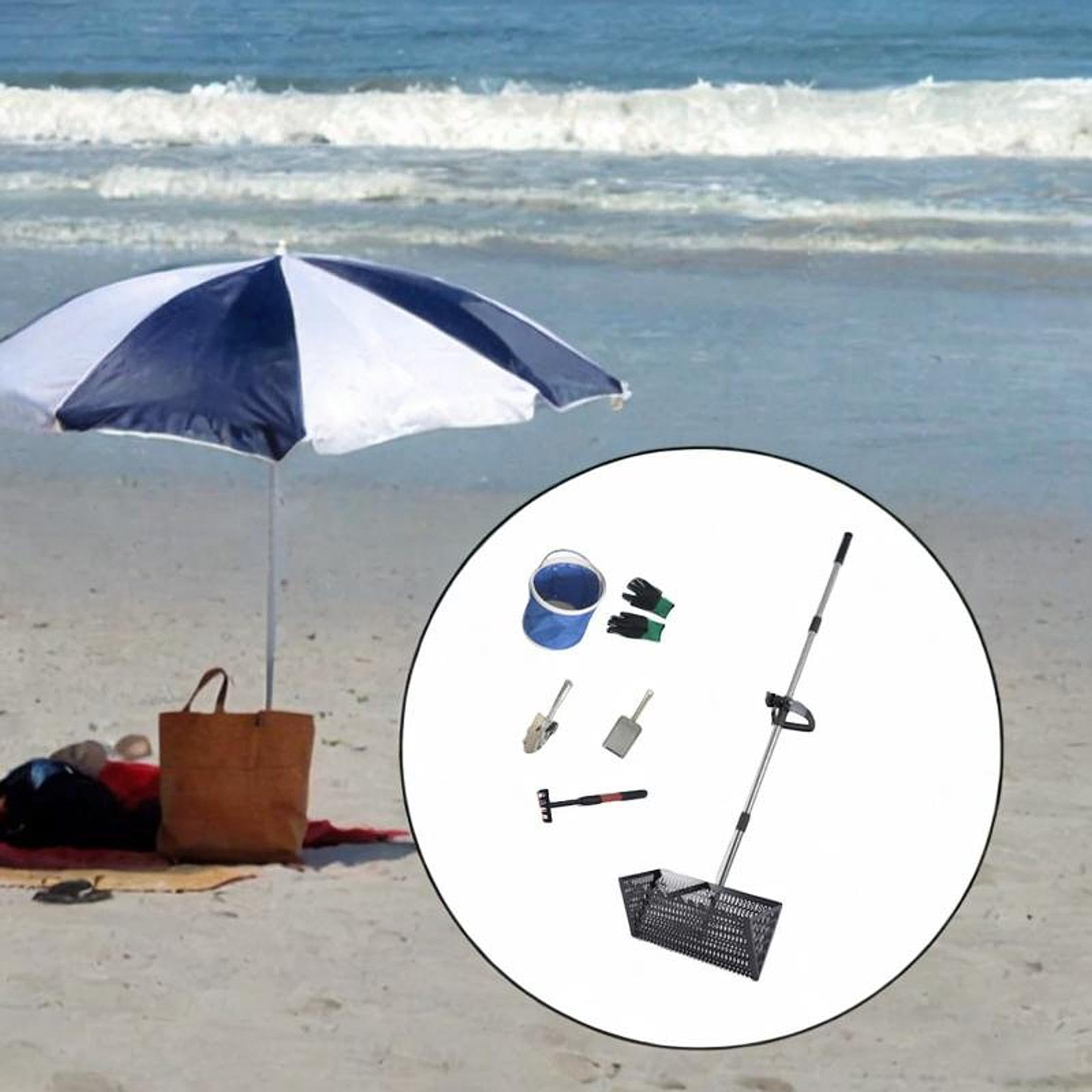 Rastrillo de Arena, de Playa, Mango Telescópico, Práctico Acero Al Carbono con Guantes, Apto para Mascotas, Negro