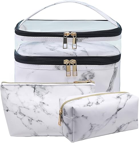 Miniatura 9 de FITINI 3 bolsas de maquillaje de doble capa de viaje grandes estuches de cosméticos organizadores, bolsas de aseo impermeables, bolsa pequeña con