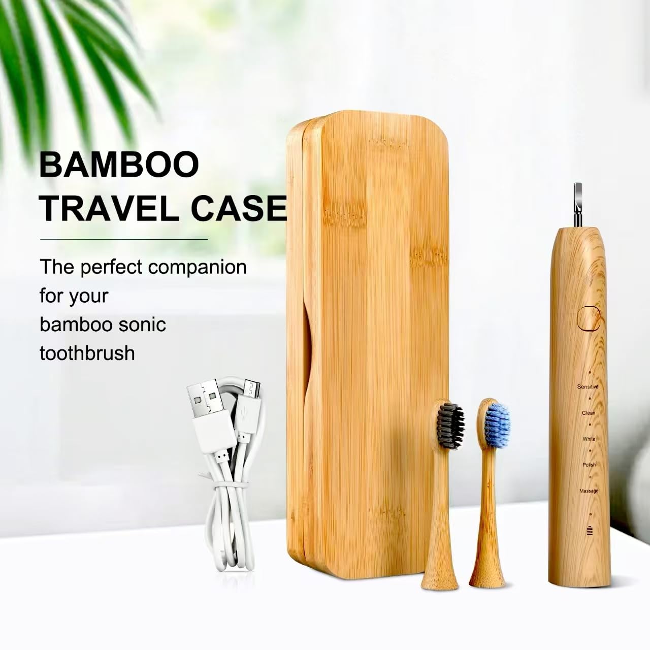 Spazzolino elettrico Sonic in bambù per adulti, design in bambù con setole morbide, 5 modalità di pulizia regolabili, tecnologia impermeabile IPX7 per adulti