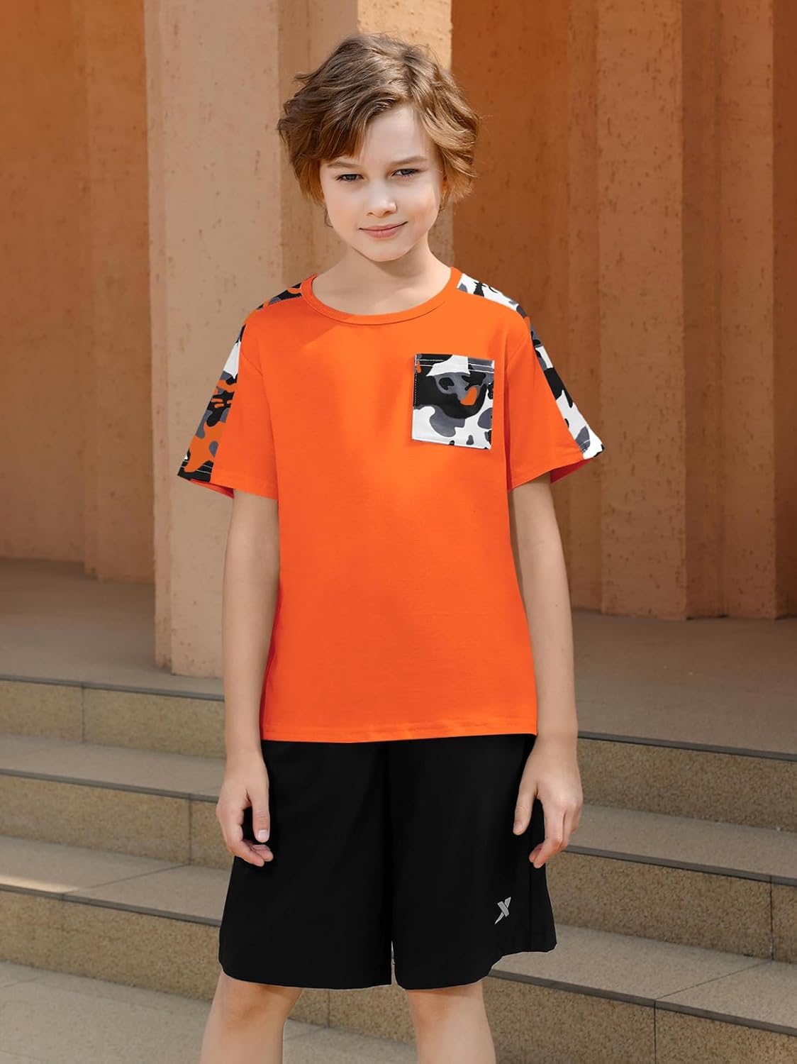 Haloumoning Boys Short Sleeve Shirts Kids Summer Colorblock Crewneck T-Shirts Casual Tops Tees with Pocket 5-14 Years - Image 2