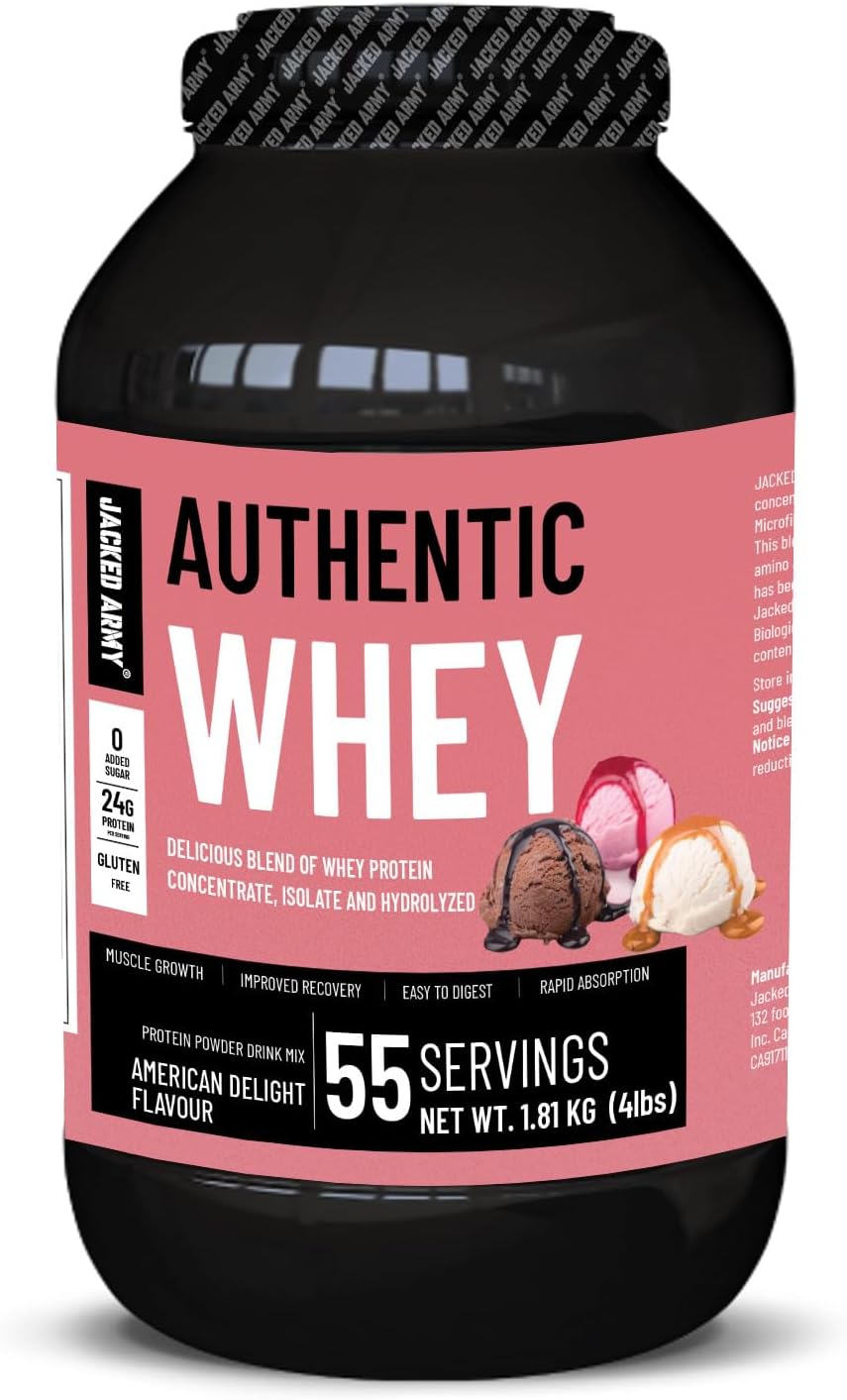 Jacked Army Whey Protein Powder - 100% Pure, 24g High Protein, Low Carb, Fast Absorption - Supports Muscle Growth & Recovery - Ideal for Post-Workout Recovery [1.81Kg (4Lbs), American Delight]