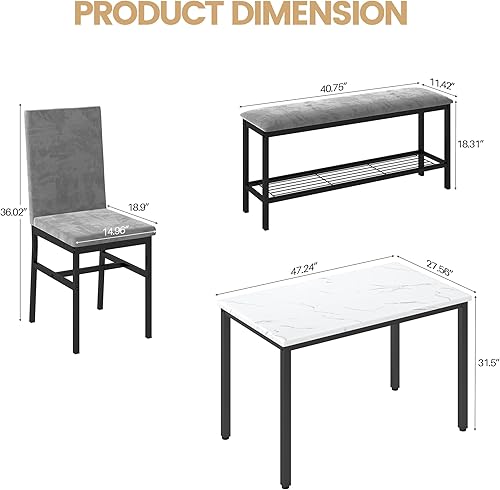 Miniatura 3 de Juego de mesa de comedor para 4, mesa de cocina de mármol sintético, juego de sillas de mesa de cocina con sillas de terciopelo, banco con red de