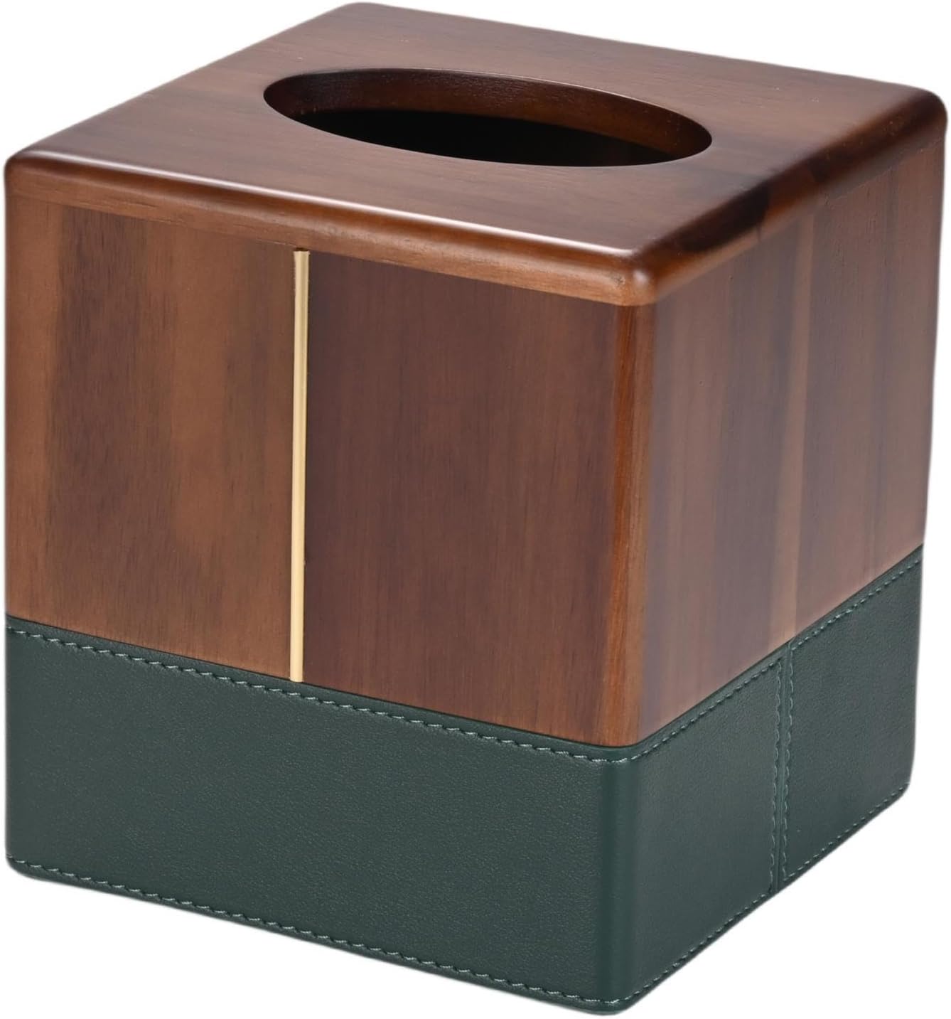 MIHIRO Acacia Wood Tissue Box Cover with Leather Wooden Facial Tissue Holder Square, Standard Size for Living Room Bedroom Dresser Hotel Bathroom Vanity Counter Office Desktop, Walnut Brown (Chestnut)