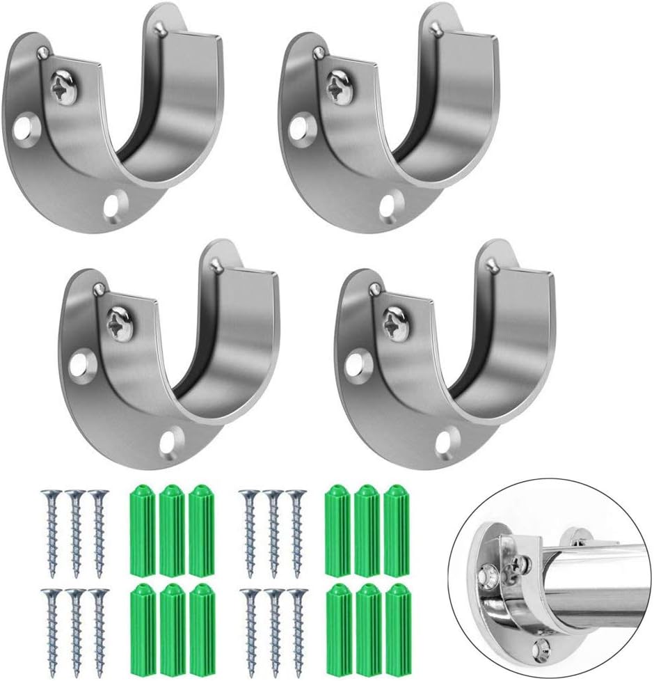 4 Pcs Closet Rod Holder Support U Shaped Rod Socket Flange Set Heavy Duty Closet Pole Rod End Supports for Closet Shower Curtain Rod, Stainless Steel, 2 Sizes (1" and 1-1/3" Diameter)
