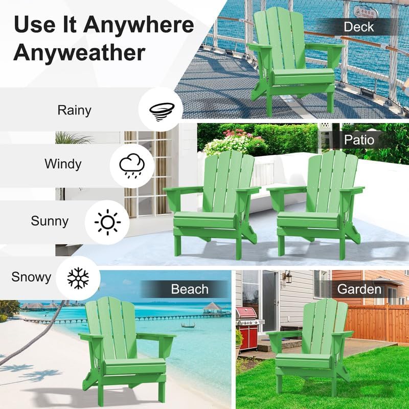 Adirondack Chair, Plastic Folding Outdoor Patio Chairs, Outside HDPE Chairs for Lawn, Yard, Light Green(1PC)