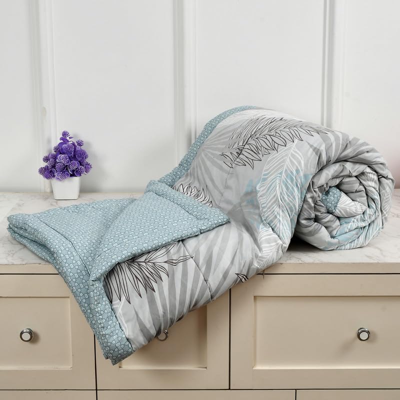 Image of Florida Blue Leaf Polycotton Double Bed AC Comforter with 1 Bedsheet & 2 Pillow Covers | Ultra Soft 4 Pc Reversible Bedding Set