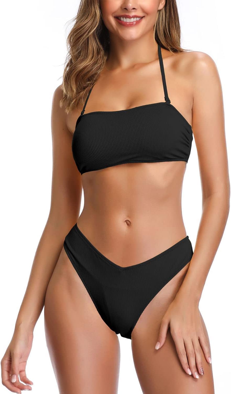 SHEKINI Women's Strapless Bandeau Bathing Suit Halter Lace Up Bikini V Cut Two Piece Swimsuits