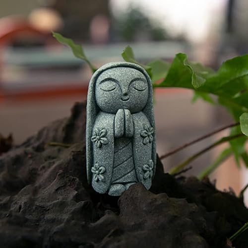 Miniatura 62 de livelyfish Estatua de Buda japonesa de 3 figuras de monje rezando de piedra arenisca para riqueza, buena suerte, jardín zen, pecera, acuario