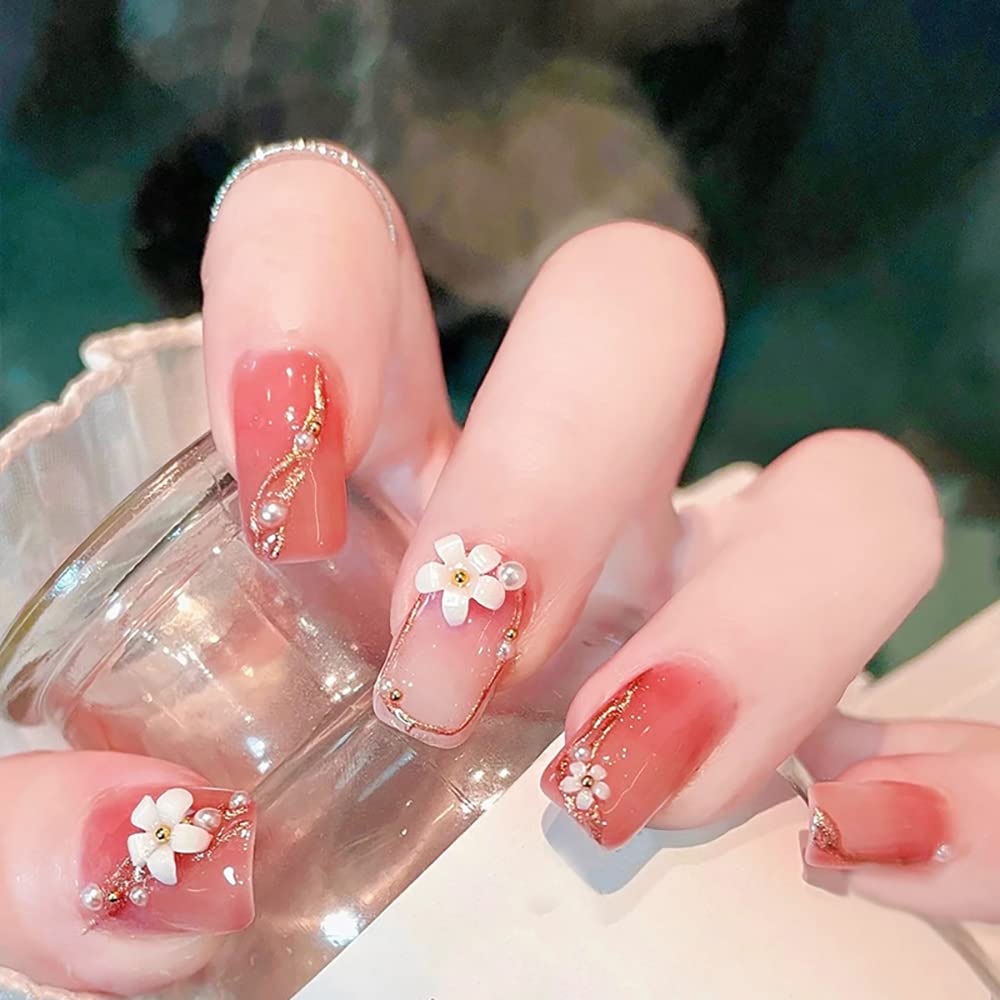 Short Press on Nails 3D Flower Glitter Acrylic Fake Nails