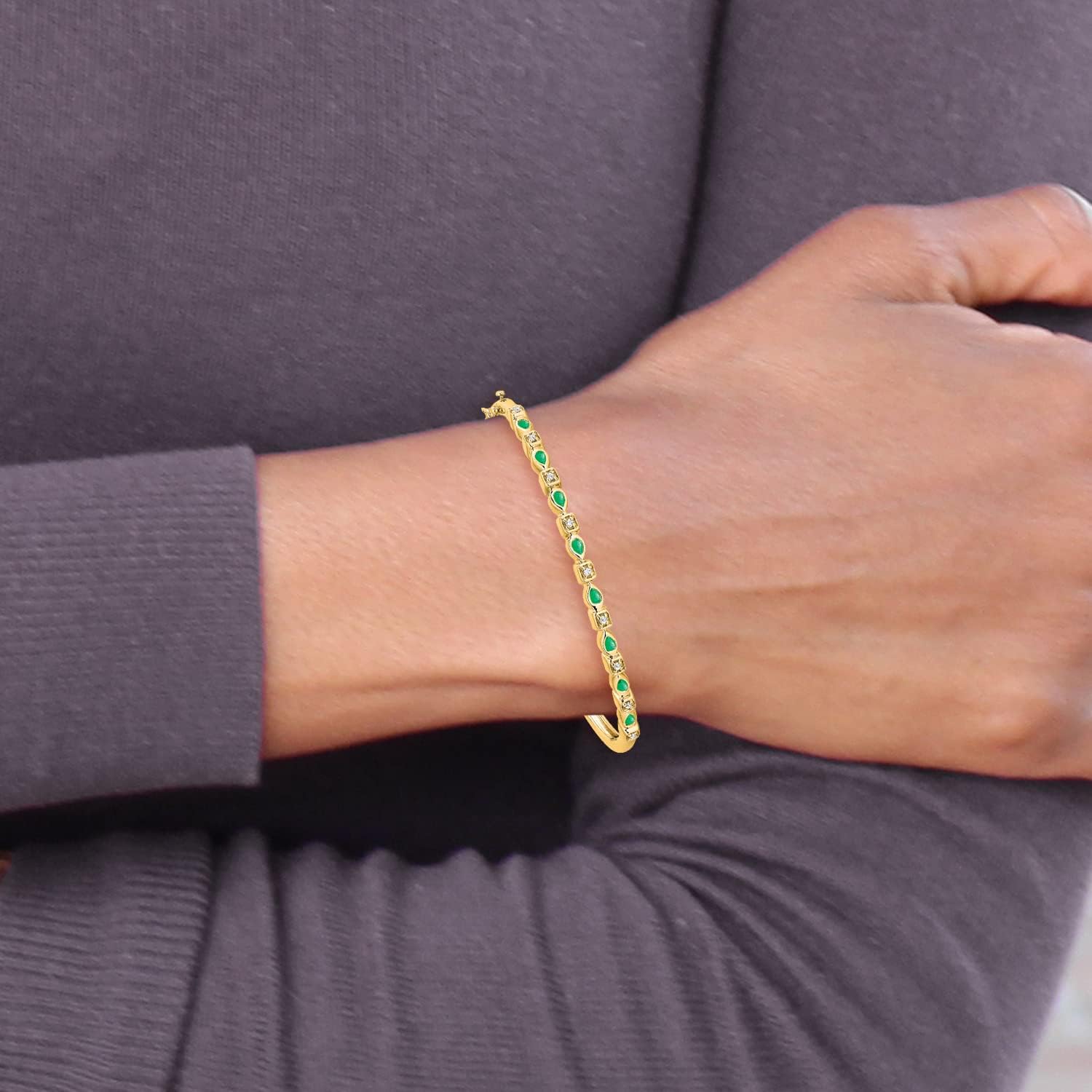 IceCarats 14K Solid Yellow Gold 0.40 carat Green Emerald Diamond Hinged Bangle Bracelet 7 inch Pear Cut, Natural, Prong Set For Her