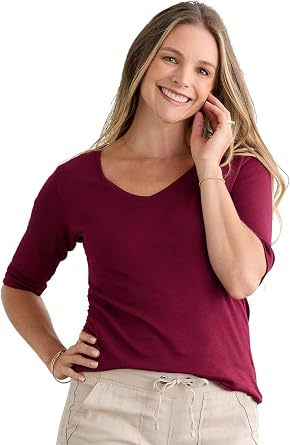 Fair Indigo Womens Luxe Organic Pima Cotton V-Neck Half Sleeve Top