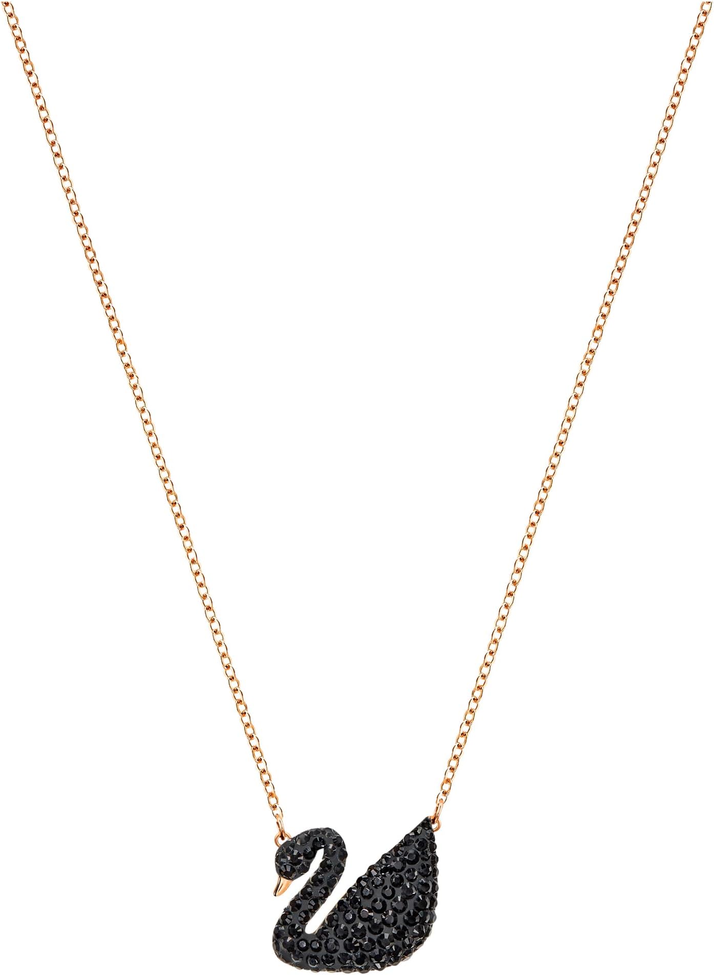 Iconic Swan Necklace and Earrings Collection, Rose Gold Tone Finish, Black Crystals