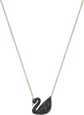 Swarovski Iconic Swan Necklace and Earrings Collection, Rose Gold Tone Finish, Black Crystals
