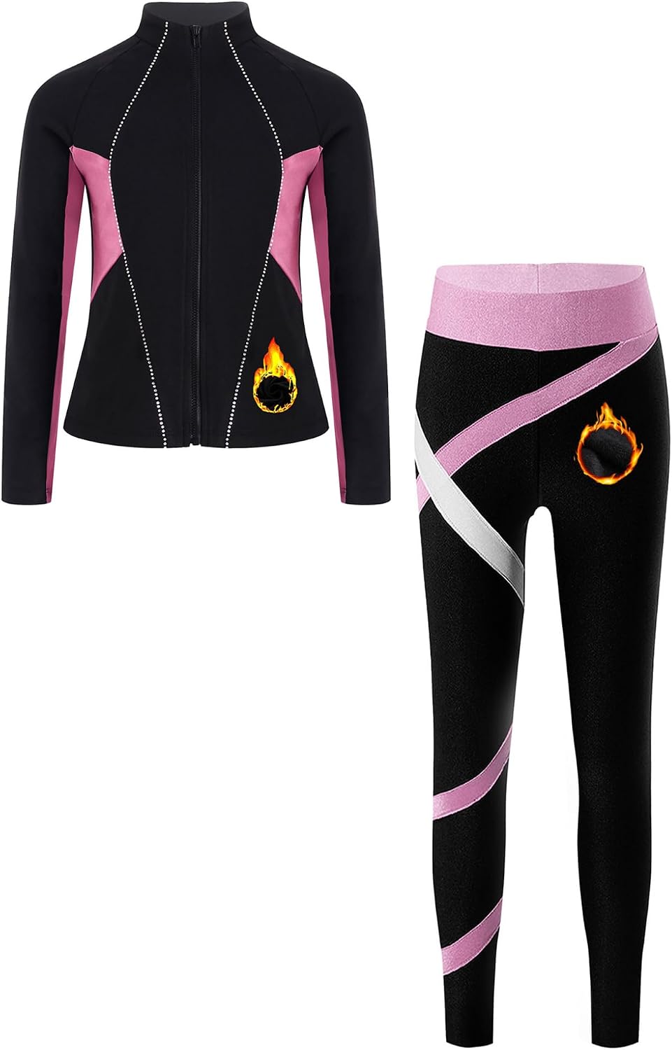 Hansber Kids Girls 2 Piece Athletic Outfits Long Sleeve Zipper Figure Skating Fleece Sweatshirt with Leggings Suit
