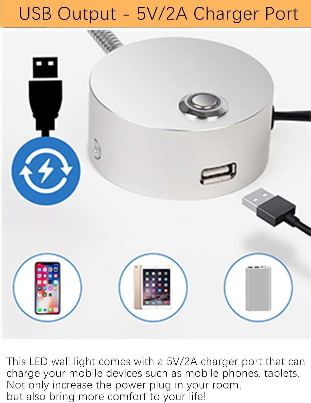 Plug in Dimmable LED Reading Lamp,Wall Mount Book Lights for Bed Headboard,Touch Control, Flexible Gooseneck Headboard,3 Color Modes,10 Brightness Leves, USB Output, Easy to Install Silver 1 Pack