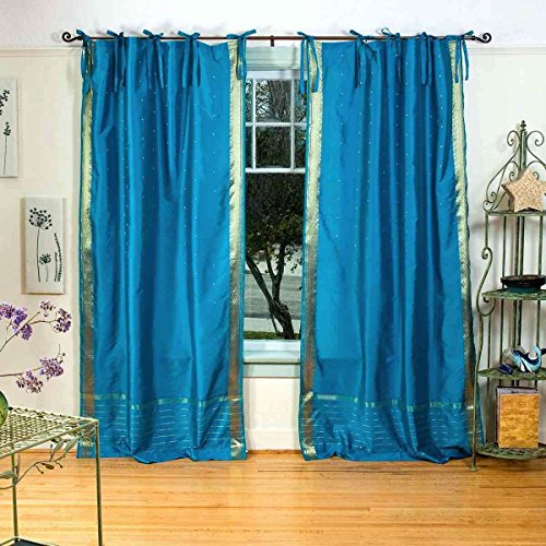 Indian Selections Turquesa Tie Top Pura Sari Cortina/Drape/Panel – par, poliéster, Turquoise: No Lining, 43 X 84 Inches (109 X 213 Cms)