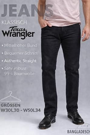 Wrangler Men's Jeans Regular Fit Texas Stretch Trousers Authentic Straight Jeans Denim Cotton Black Blue Grey W28 / W29 / W30 / W31 / W32 / W33 / W34 / W36 / W38 / W40 / W42 / W44
