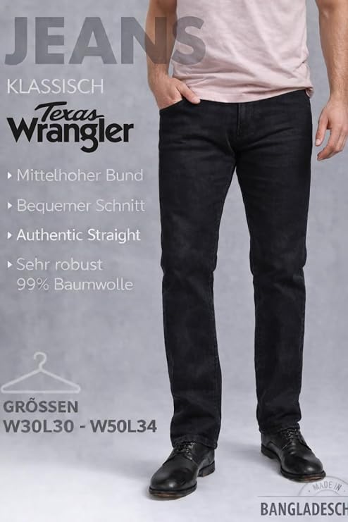 Wrangler Men's Jeans Regular Fit Texas Stretch Trousers Authentic Straight Jeans Denim Cotton Black Blue Grey W28 / W29 / W30 / W31 / W32 / W33 / W34 / W36 / W38 / W40 / W42 / W44
