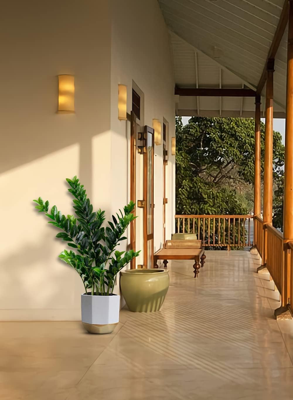 Serene Spaces Living Artificial ZZ Plant in Plastic Black Pot, Potted Zamioculcas Zamiifolia Plant, Low Light Houseplant for Living Room, Bedroom, Kitchen, Office, Patio, 17 Diameter  42 Tall