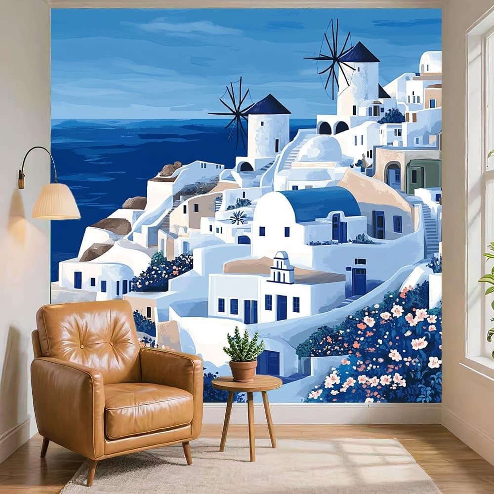 Naklejki ścienne do salonu 300 x 210 cm Santorini Architektoniczne wzory efekt 3D Murale ciemnoniebieskie tapety z włókniny plakat projekt pokoju zabaw korytarz salon ściany