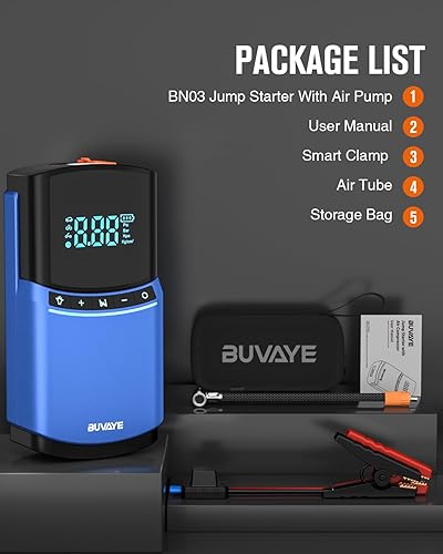 Miniatura 7 de Paquete de batería de arranque de 2500A, BUVAYE Jump Starter con compresor de aire 150PSI para automóvil de hasta 8L de gasolina 6L Diesel, 12V