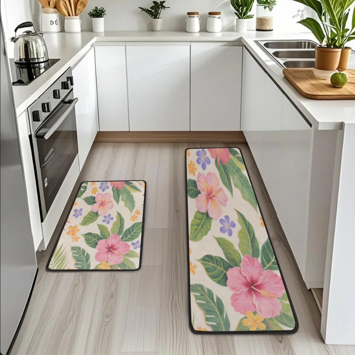 Anti Fatigue Tropical Hibiscus Bloom Kitchen Mats for Floor 2 Piece Set, Waterproof Non Slip Boho Kitchen Floor Rugs, Comfort Standing Mat for Sink Laundry & Home Kitchen 17"x47"+17"x29"