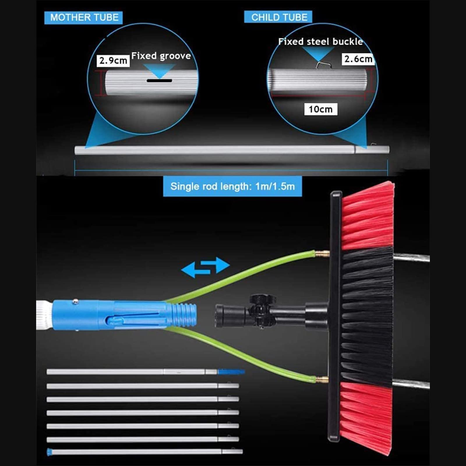 Kit de barra de limpieza de ventanas, cepillo de alimentación de manguera de 6 m para paneles solares y cabezal de limpieza de 50 cm, perfecto para una limpieza exterior sin esfuerzo, llega fácilmente