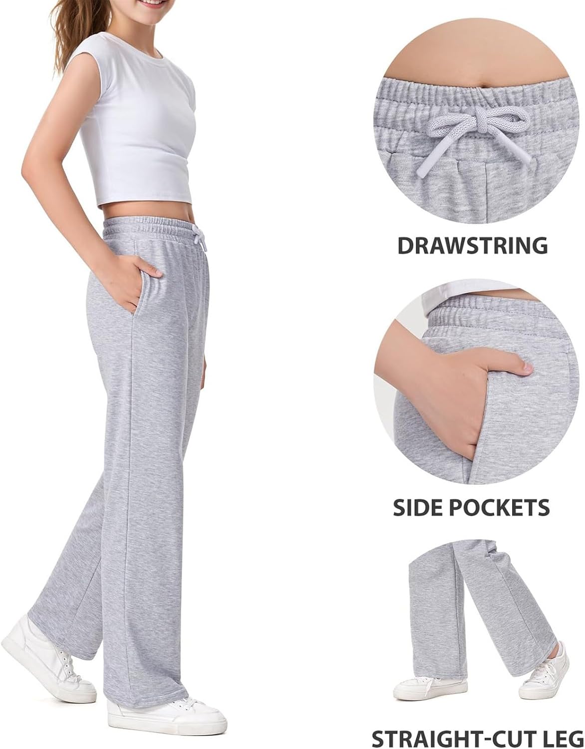 Teens Girls Straight Leg Sweatpants High Waist Baggy Wide Leg Joggers Trendy Loose Drawstring Athletic Pants with Pockets