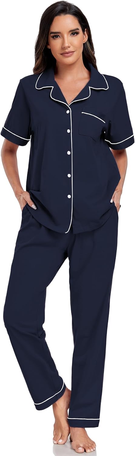 EA'S SECRET Womens 100% Cotton Pajama Sets Short Sleeve Shirt and Pajama Pants Soft Sleepwear Button Down Pjs for Women - Image 5