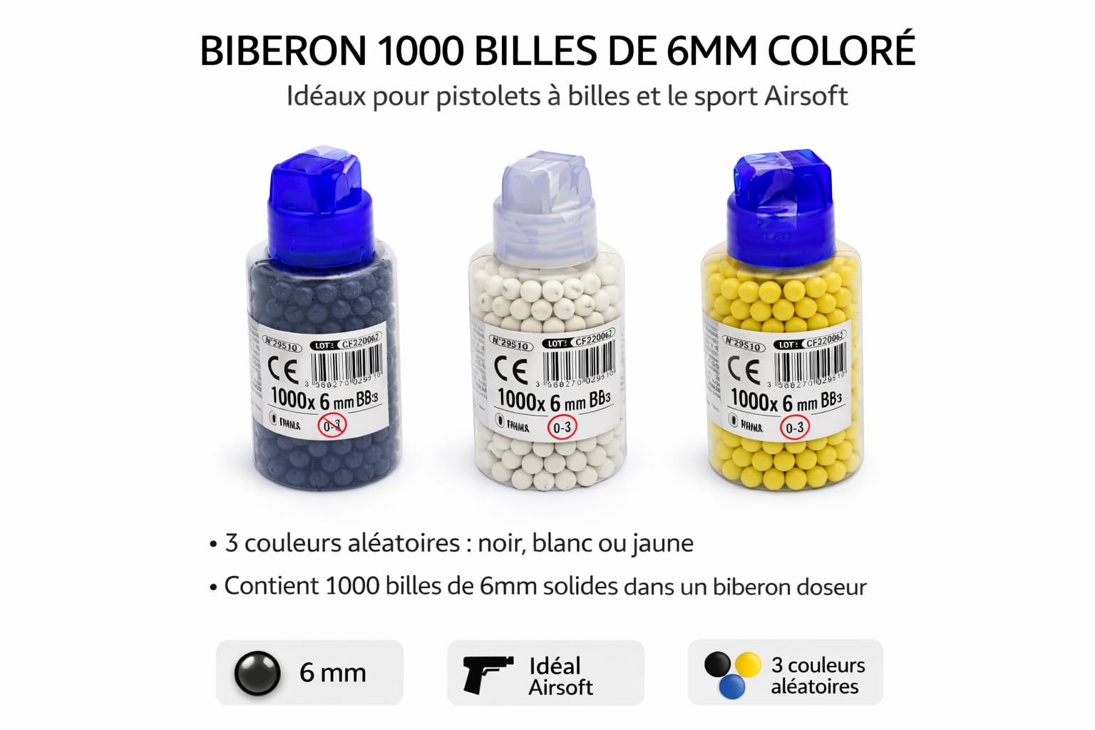 2000 Billes – 1000 Billes – 400 Billes Airsoft 6 mm – Recharge BB Plastique Haute Précision – Compatible Pistolet et Fusil Airsoft – Biberon Distributeur - 2