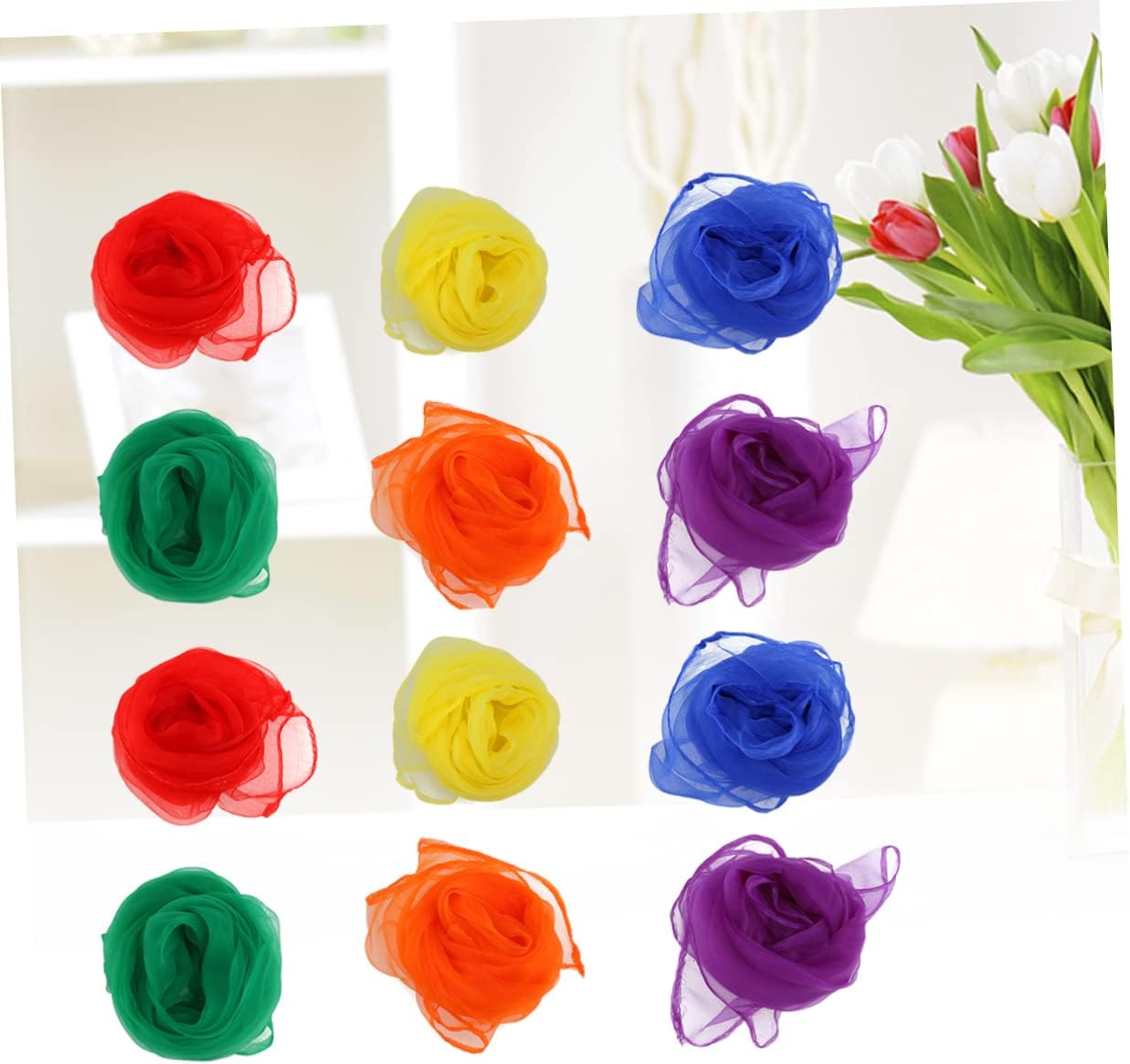 OUNONA 12-Pack Colorful Square Juggling Scarves for Dance Rhythm Activities Hemmed Silk Scarves in Yellow Red Orange Blue Purple Green 2 of Each Color