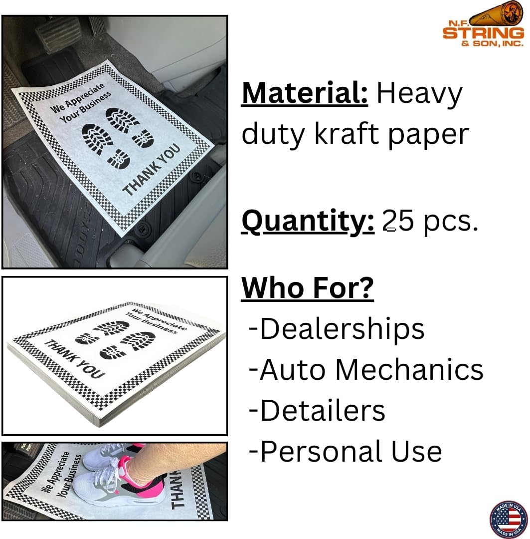 N. F. String & Son, Inc. White Paper Floor Mats For Cars 20"L x 16"W, Heavy-Duty, Disposable Auto Floor Mats for Cars, Auto Mechanics, Detailing Shops, Dealerships, Vehicle Carpet Protector (25 Pcs.)