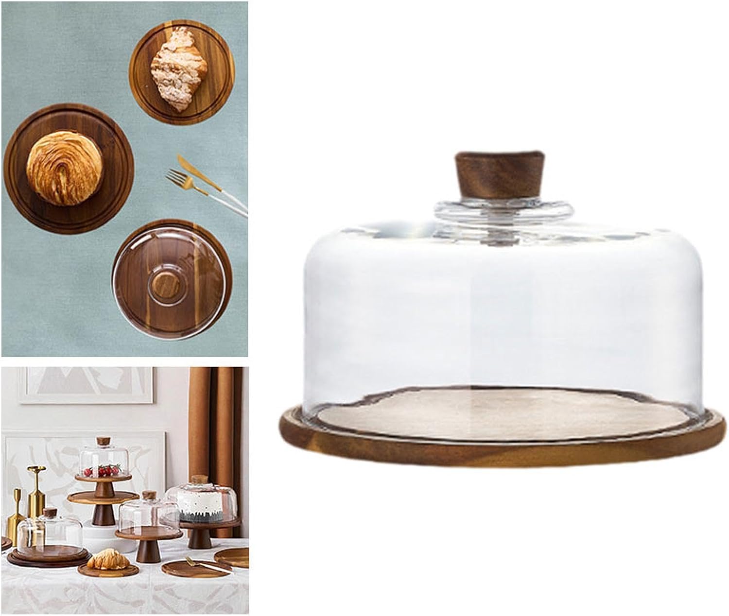 Cake Presentation Server with Wood Tray and Dessert Dome for Events, 23.5x16cm