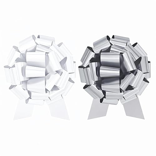 InstaBows 12-Inch Pull String Gift Bows Virtual Bundle – White Metallic & Silver Metallic Mixed Pack, Large Decorative Gift Wrapping Bows for Presents, Baskets, Parties & Celebrations