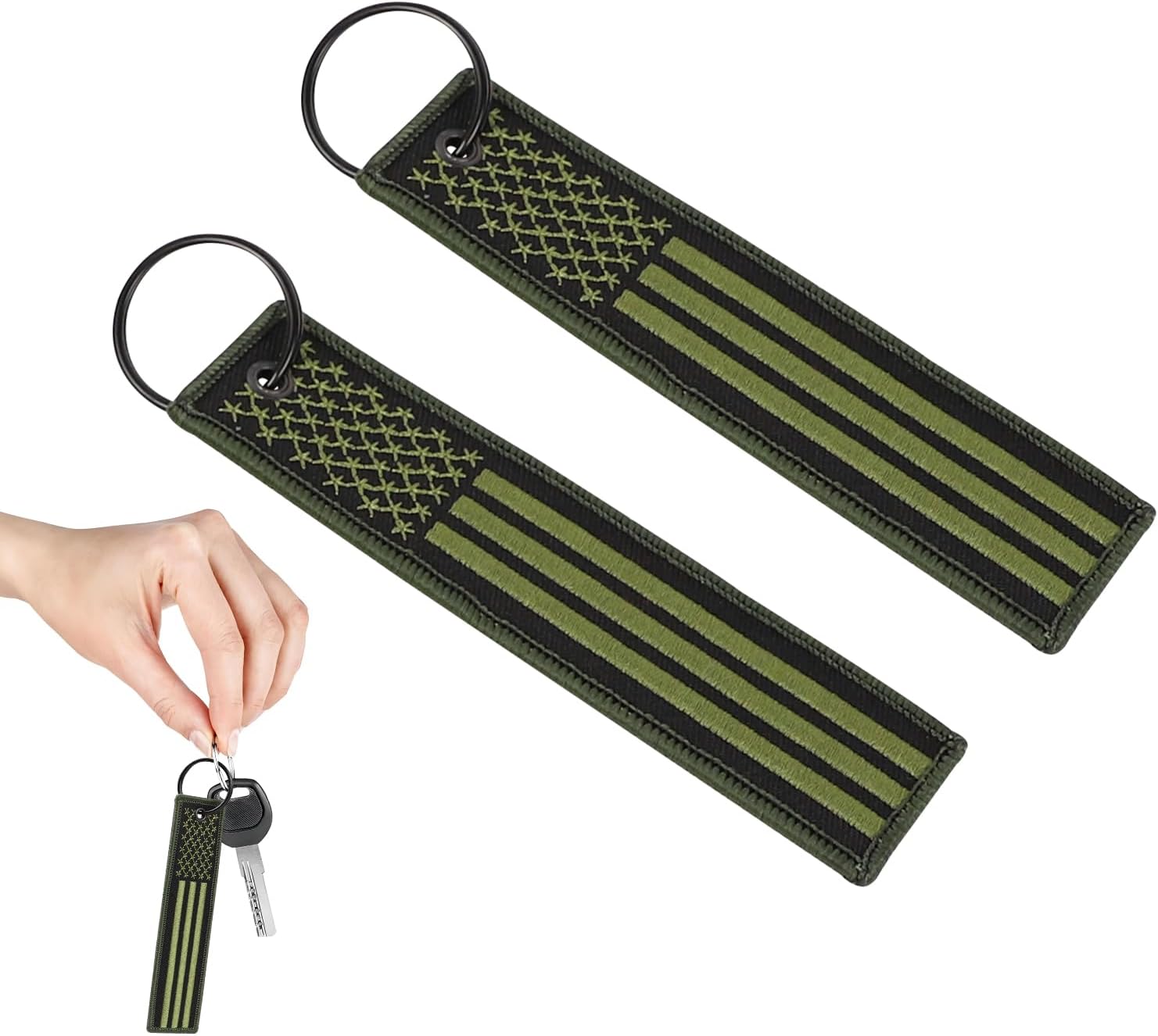 Hovom 2PCS American Flag Key Chain, Patriotic USA Flag Keychain Tag with Key Ring, Keychain Lanyard for Motor Gift Backpack (Black+Army Green)