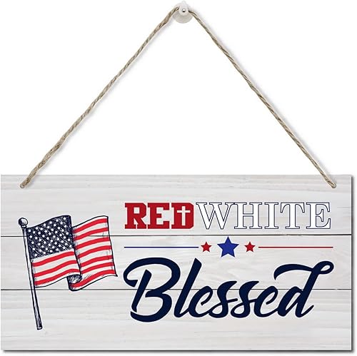 Miniatura 1 de Letrero decorativo de pared del 4 de julio, letrero de bendición rojo y blanco, letrero de placa de madera impresa, colgador de puerta decorativo,