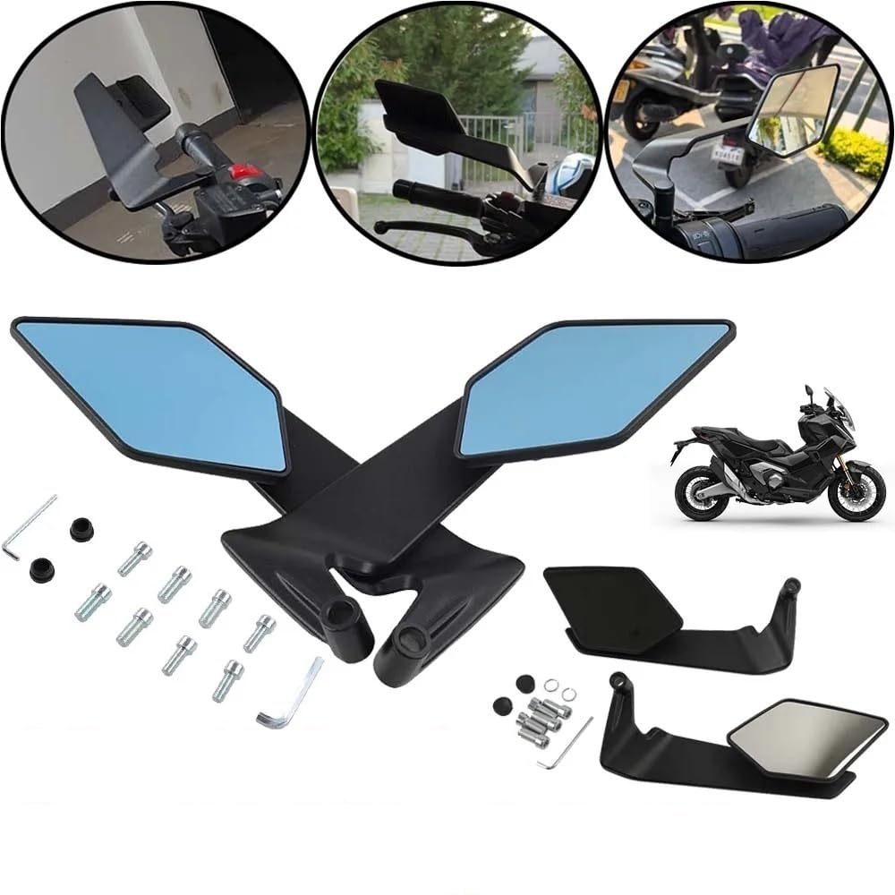motos Miroir vélo Rétroviseurs De Moto Avec Ailettes Furtives, Rétroviseurs Rotatifs Et Réglables Pour XADV 750 Pour PCX, Pour Ducati(Anti-glare Blue)