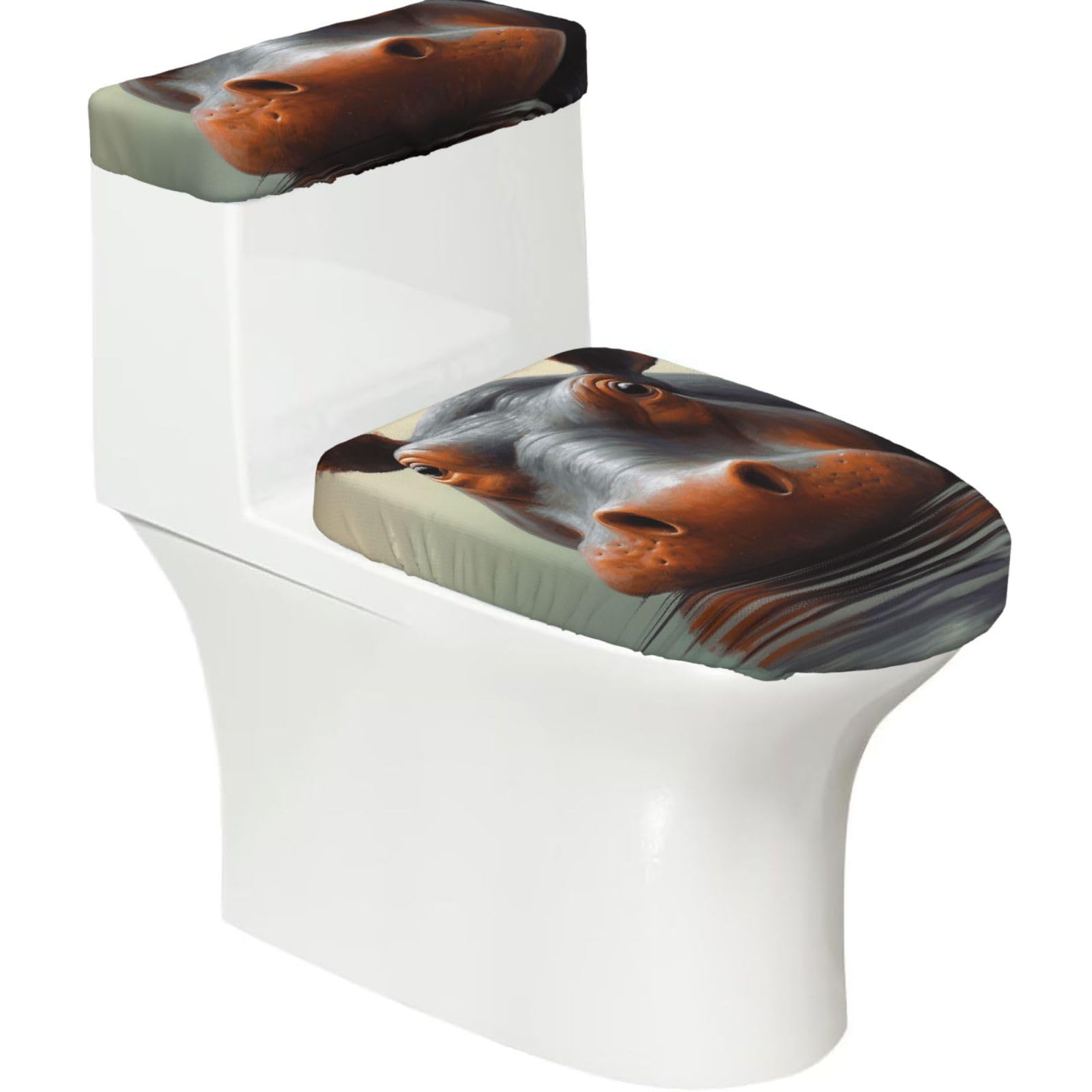 Fodpand Black Hippo Toilet Lid Cover And Toilet Tank Cover Set, Washable Soft Toilet Seat Cover With Elastic Bottom, Universal Stylish Toilet Cover Set For Bathroom Decor Accessories
