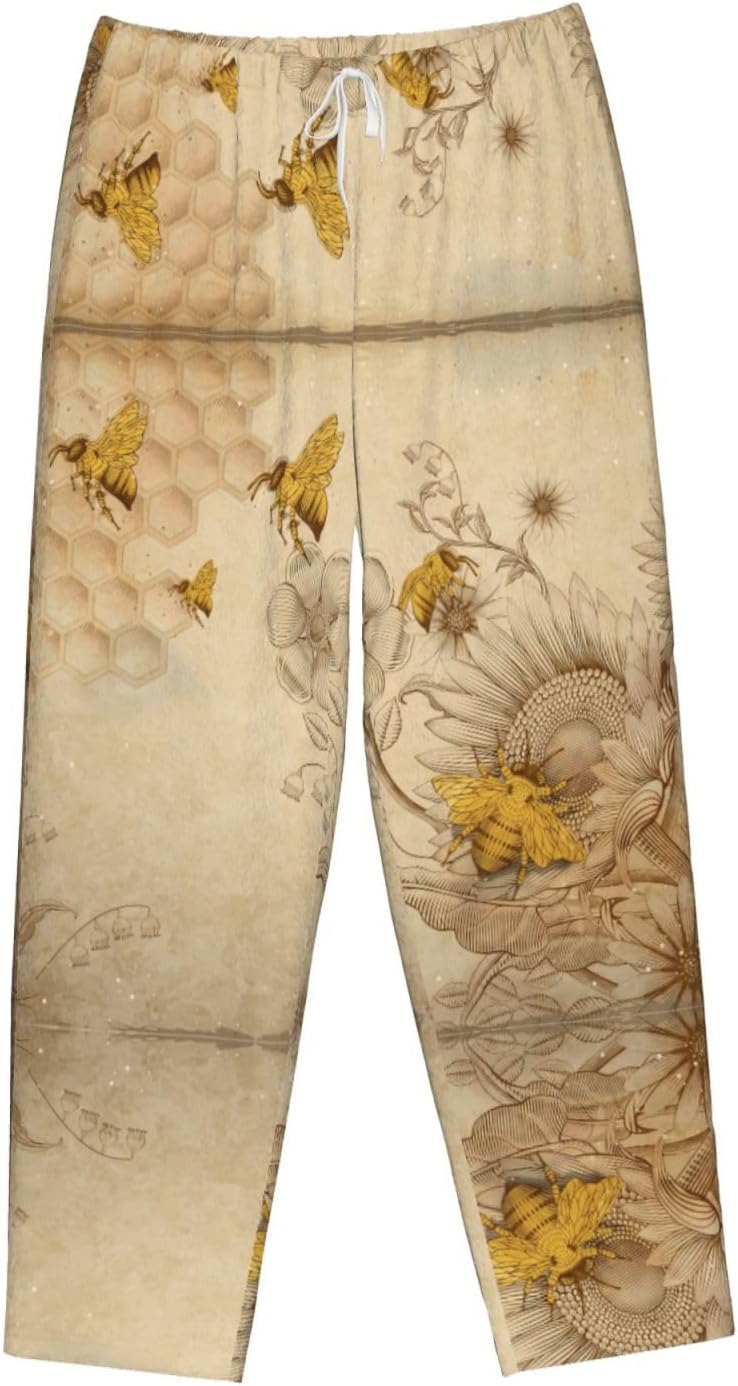 Rural Honey Bees Flowers Print Cozy Christmas Pajama Pants,Flannel Pajama Bottoms,Cater To Various Body Types