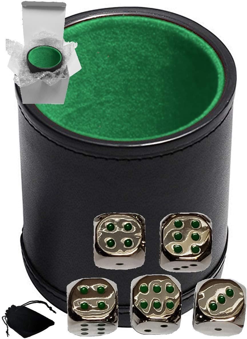Cyber-Deals Set of Dice Cup Black PU Leather w/Plush Green Felt Lined + 16mm Zinc Alloy Metal Dice, Gift Boxed (Nickel, Green)