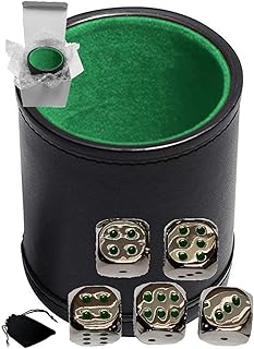 Cyber-Deals Set of Dice Cup Black PU Leather w/Plush Green Felt Lined + 16mm Zinc Alloy Metal Dice, Gift Boxed (Nickel, Green)