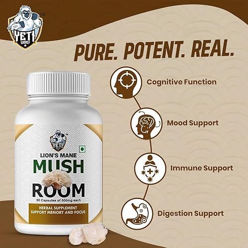 Miniatura 5 de Suplemento de melena de leones Suplemento de hongos  Polvo de melena de león 90 cápsulas  Orgánico, sin OMG, sin gluten  Impulso cerebral, apoyo