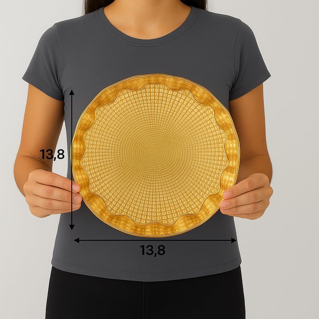 Alisveristime Round Metal Serving Tray for 6 – Ottoman Motif, (13.8" Diameter, 17.5 oz) (Gold)