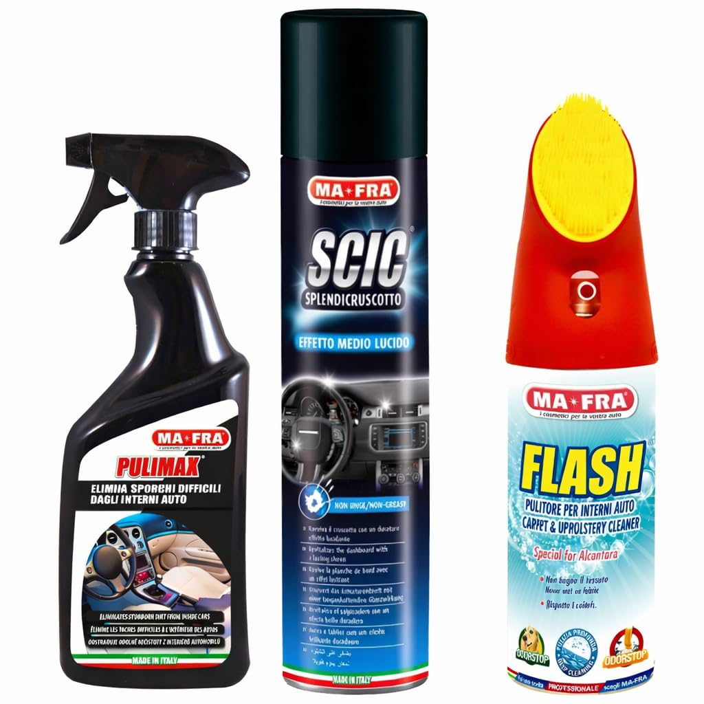 Kit Pulizia Interni Auto Ma-fra – Rimuove Macchie, Sporco e Odori da Tessuti e Plastiche – Pulimax 500 ml + Flash 400 ml + Scic Blue 600 ml – Confezione Risparmio