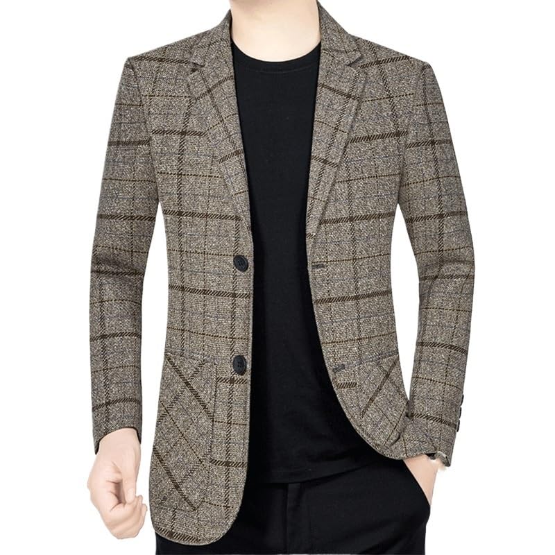 Men's Brown Plaid Tweed Casual Blazers Two Button Lightweight Sport Coats Solid Notched Lapel Suit Jackets