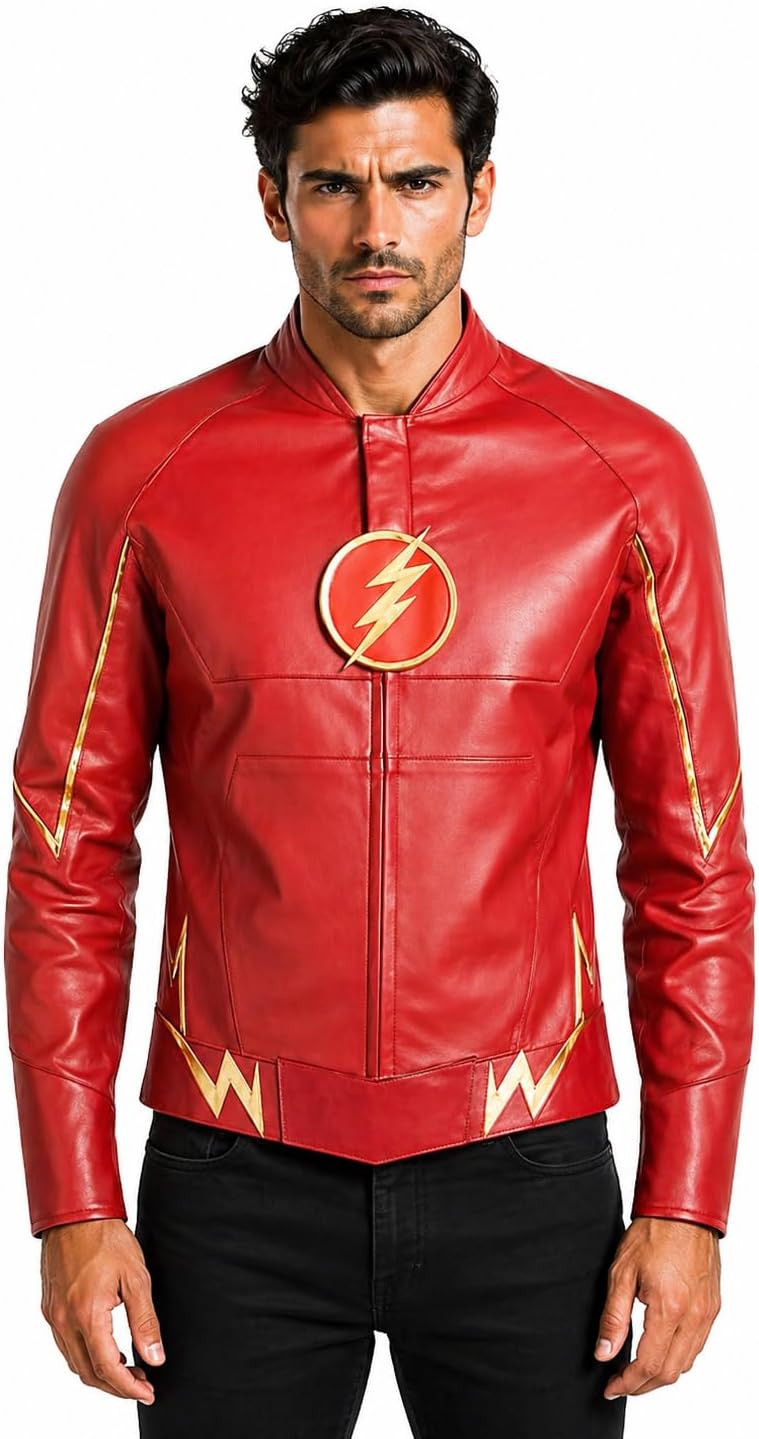The Flash Lightning bolt Faux leather Super Hero Black and RED Barry Allen Jacket