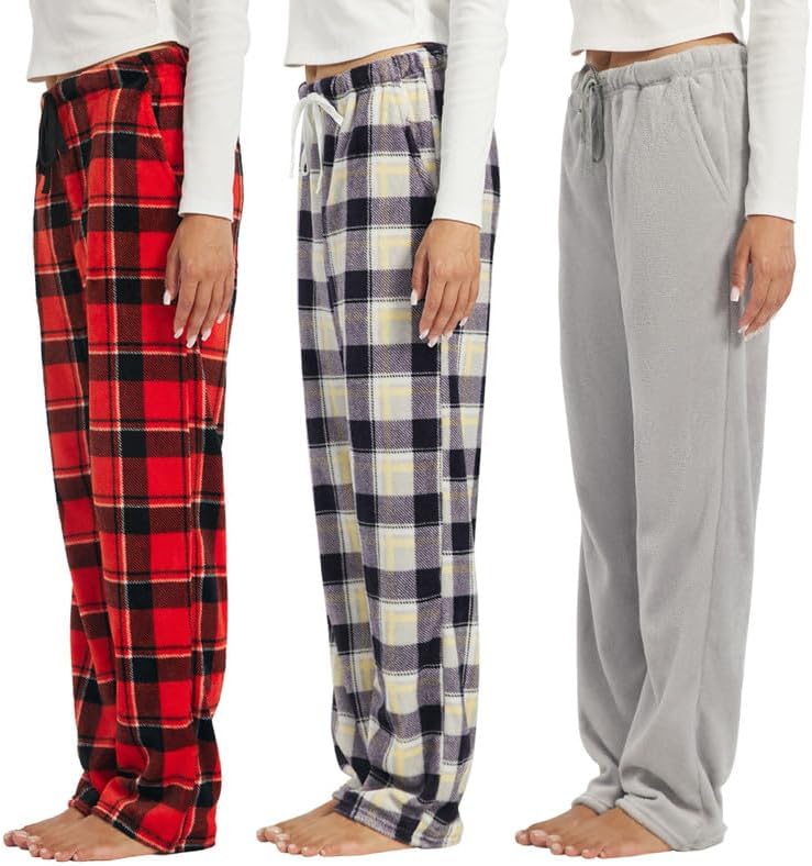 3-Pack Womens Fuzzy Pajama Pants – Soft Plaid PJ Bottoms with Pockets, Cozy Fleece Lounge Sleepwear Pants